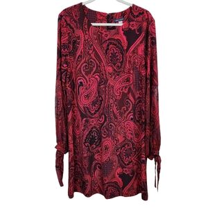 Tommy Hilfiger Red Paisley Floral Shift Dress Sheer Sleeves Women's Size 16